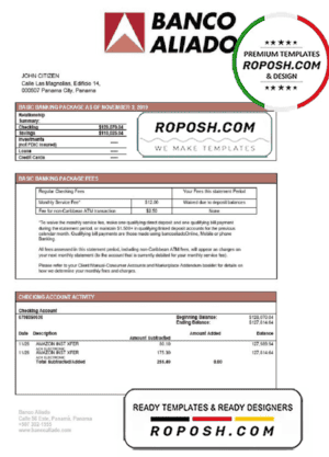 Panama Banco Aliado bank statement template, Word and PDF format (.doc and .pdf)