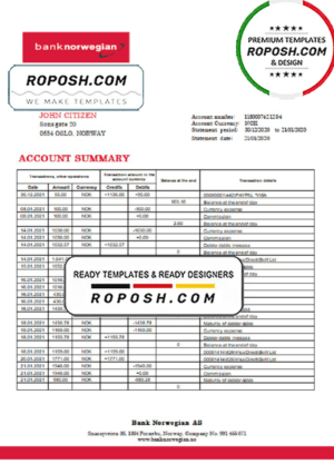 Norway Bank Norwegian AS bank statement easy to fill template in Word and PDF format
