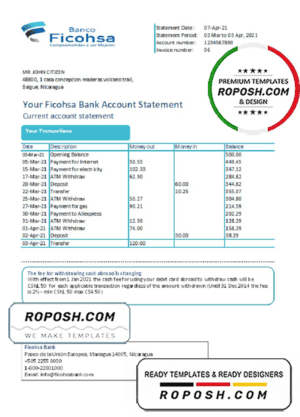 Nicaragua Banco Ficohsa bank statement easy to fill template in Excel and PDF format