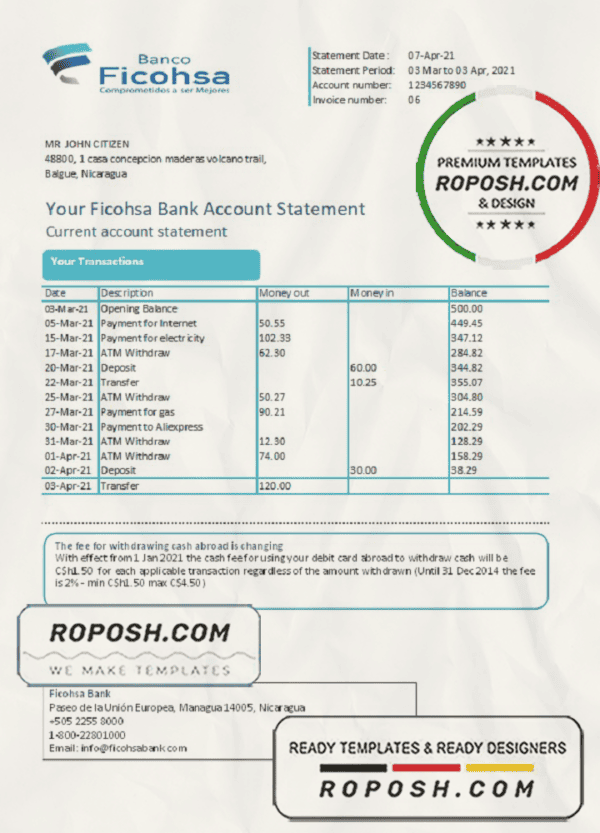 Nicaragua Banco Ficohsa bank statement easy to fill template in Excel and PDF format