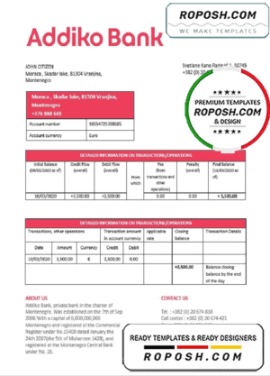 Montenegro Addiko Bank proof of address statement template in Word and PDF format, .doc and .pdf format