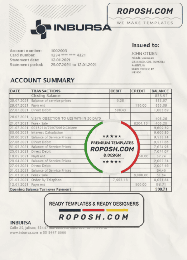 Mexico Inbursa Bank statement easy to fill template in Excel and PDF format