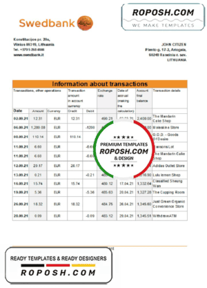 Lithuania Swedbank bank statement easy to fill template in .xls and .pdf file format