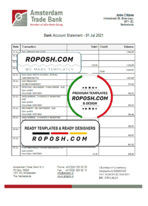 Netherlands Amsterdam Trade Bank statement template in Word and PDF format
