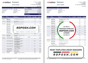 United Kingdom Natwest bank statement template in Excel and PDF format (2 pages)
