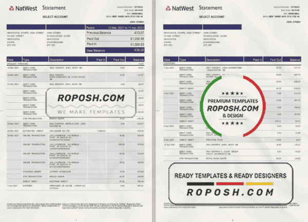 United Kingdom Natwest bank statement template in Excel and PDF format (2 pages)