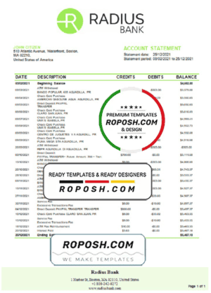 USA Massachusetts Radius Bank statement easy to fill template in Excel and PDF format