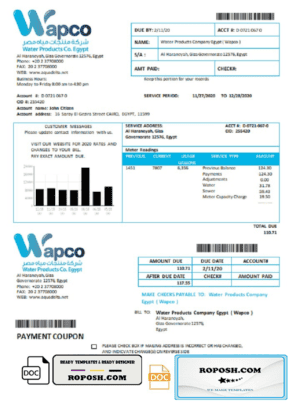 Egypt Water Products Company Egypt (Wapco) utility bill template in Word and PDF format