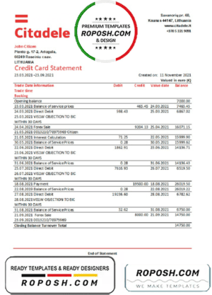 Lithuania (Litva) Citadele bank credit card statement template in Excel and PDF format