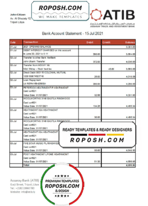 Libya Assaray Bank (ATIB) statement easy to fill template in Excel and PDF format