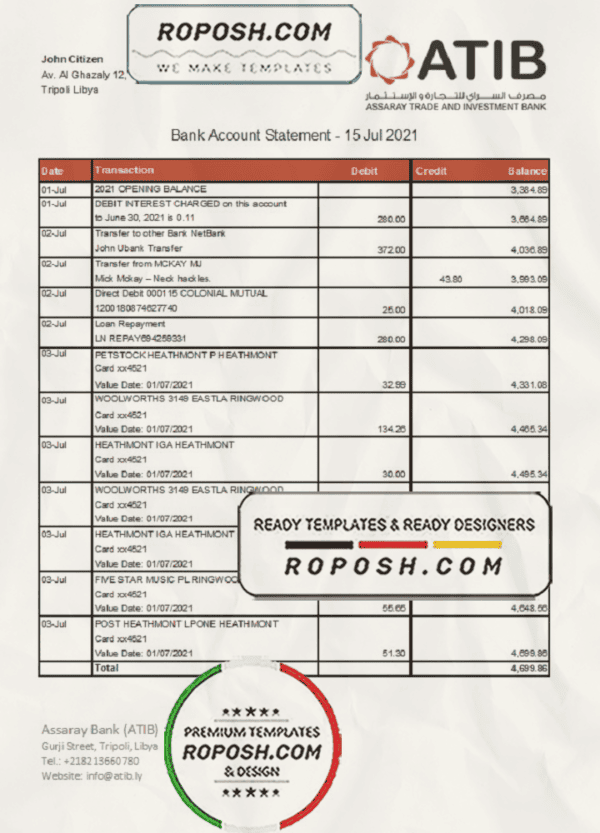 Libya Assaray Bank (ATIB) statement easy to fill template in Excel and PDF format