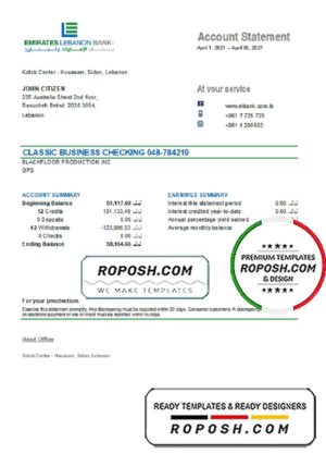 Lebanon Emirates Lebanon Bank statement template in Excel and PDF format, good for address prove