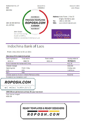 Laos Indochina Bank statement easy to fill template in Excel and PDF format