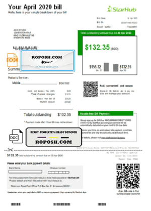 Singapore StarHub utility bill template in Word and PDF format