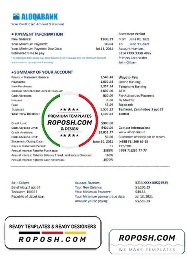 Uzbekistan Aloqabank Bank statement easy to fill template in .xls and .pdf file format