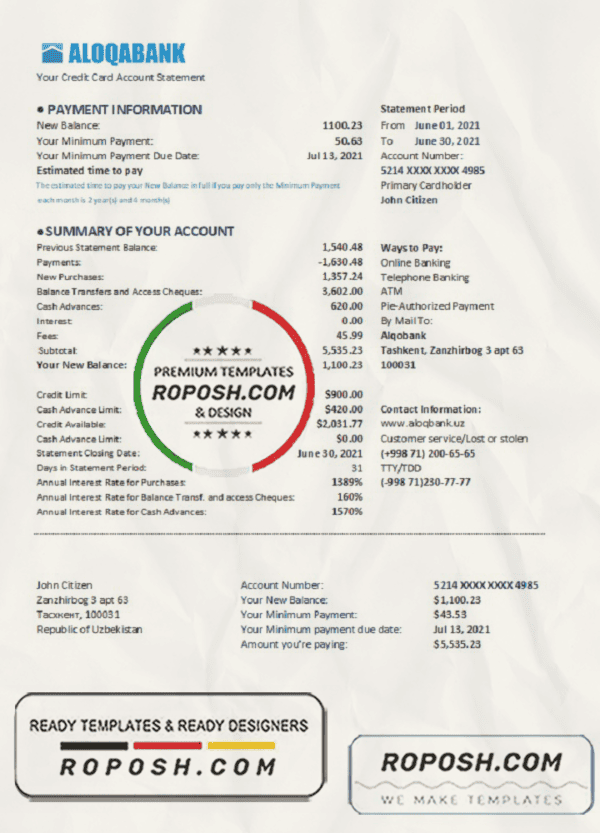 Uzbekistan Aloqabank Bank statement easy to fill template in .xls and .pdf file format