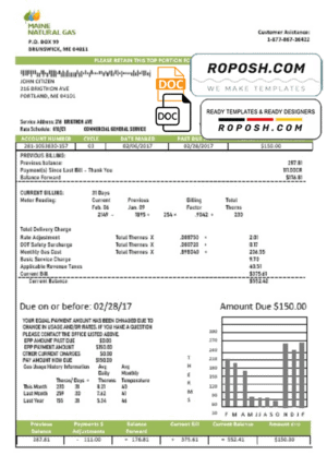 USA Maine Natural Gas Portland utility bill template in Word and PDF format
