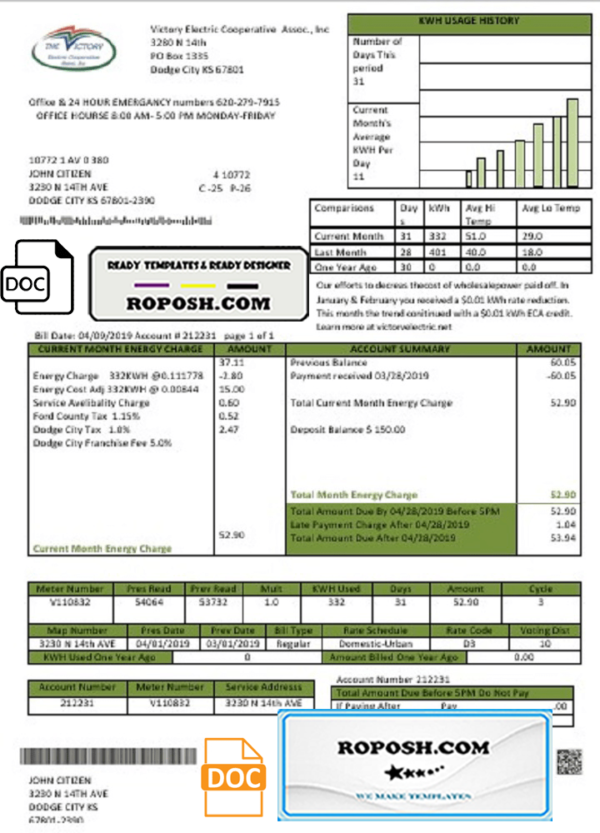 USA Kansas Victory Electric utility bill template in Word and PDF format