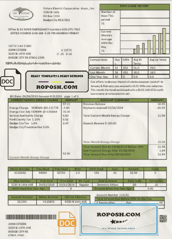 USA Kansas Victory Electric utility bill template in Word and PDF format