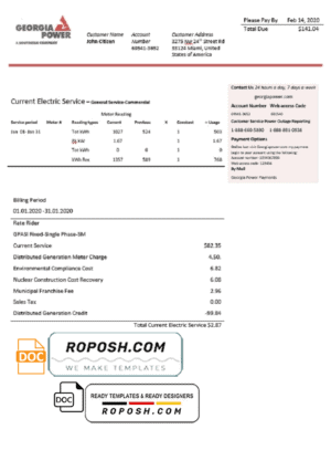 USA Georgia Power utility bill template in Word and PDF format, fully editable