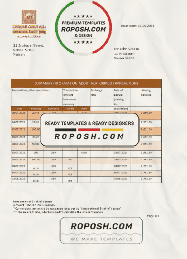 Yemen International bank statement template in .xls and .pdf file format