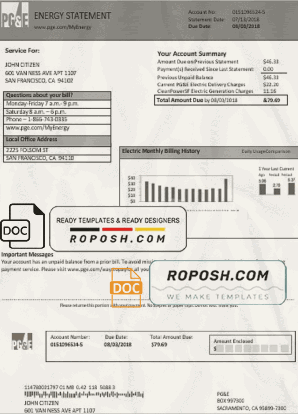 USA California PG&E electricity utility bill template in Word and PDF format