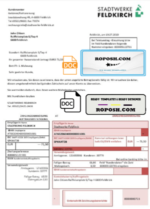 Austria Stadtwerke Feldkirch utility bill template in Word and PDF format