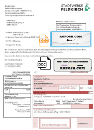 Austria Stadtwerke Feldkirch utility bill template in Word and PDF format