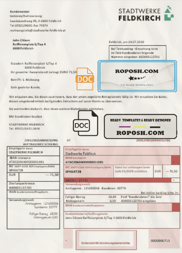 Austria Stadtwerke Feldkirch utility bill template in Word and PDF format