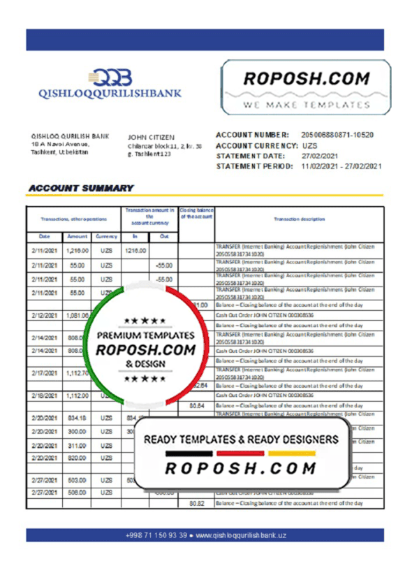 Uzbekistan Qishloq Qurilish Bank statement easy to fill template in Excel and PDF format