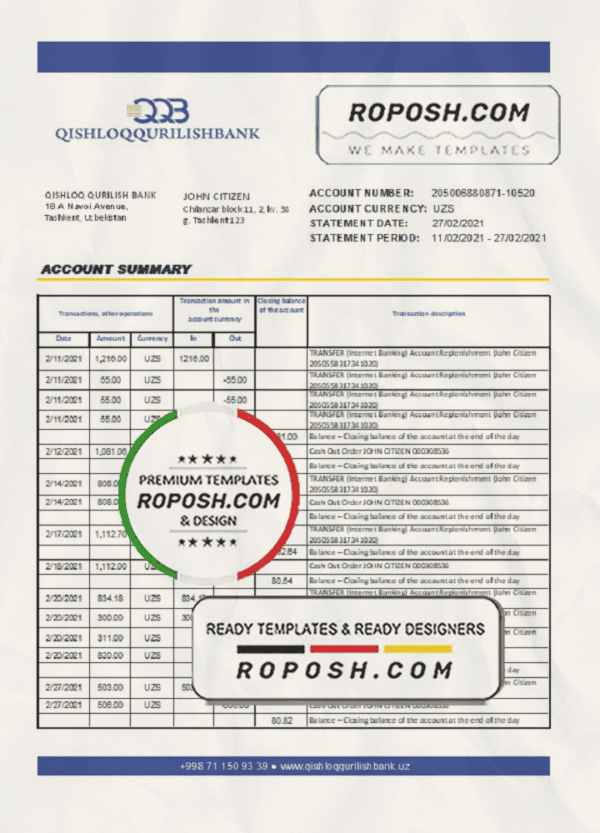 Uzbekistan Qishloq Qurilish Bank statement easy to fill template in Excel and PDF format