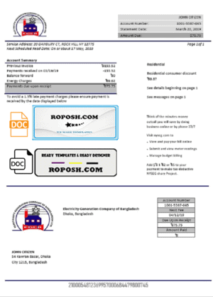 Bangladesh Electricity Generation Company of Bangladesh utility bill template in Word and PDF format