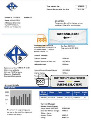 Bosnia and Herzegovina Elektroprivreda BiH electricity utility bill template in Word and PDF