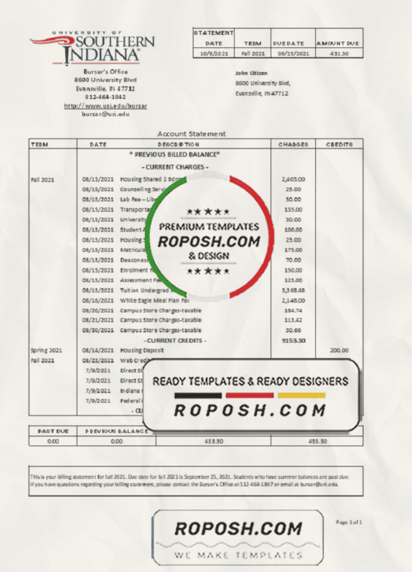 USA University of Southern Indiana account billing statement template in Excel and PDF (.xls and .pdf file) format