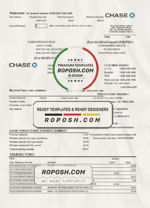 USA Chase bank Mastercard card statement easy to fill template in Excel and PDF file format