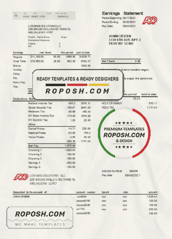 USA ADP business corporate earnings statement template in .xls and .pdf file format