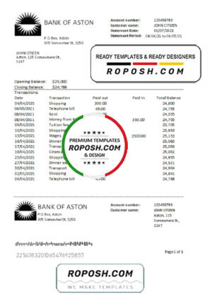 United Kingdom Bank of Aston bank statement easy to fill template in Excel and PDF format