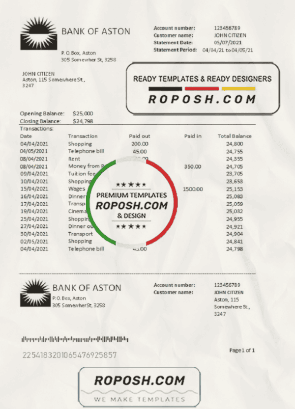 United Kingdom Bank of Aston bank statement easy to fill template in Excel and PDF format