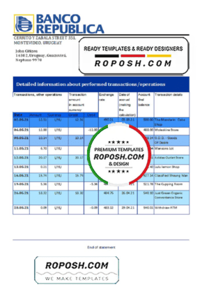 Uruguay Banco de la República Oriental del Uruguay bank statement template in Excel and PDF format, good for address prove