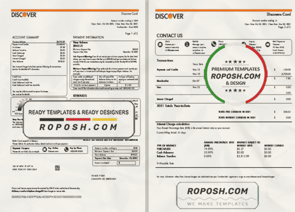 USA Discover bank credit card statement template in Word and PDF format (2 pages)