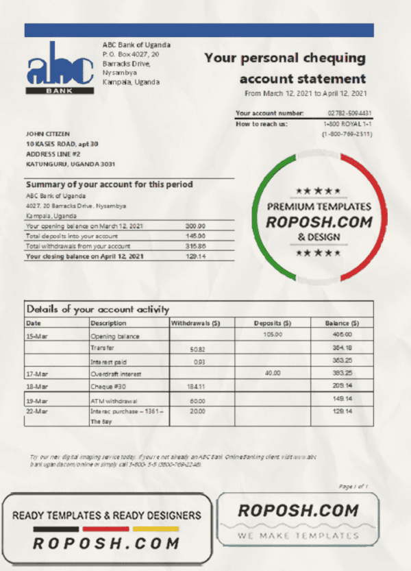 Uganda ABC Bank of Uganda bank statement template in Excel and PDF format