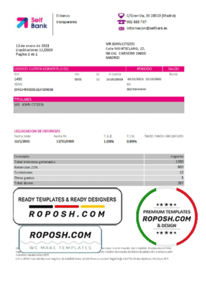 Spain Self Bank proof of address statement template in Excel and PDF format, .xls and .pdf format