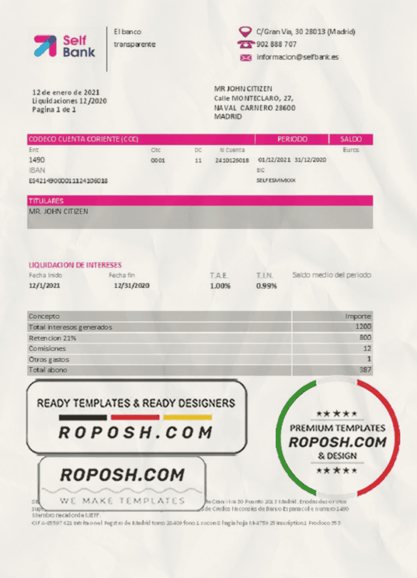 Spain Self Bank proof of address statement template in Excel and PDF format, .xls and .pdf format