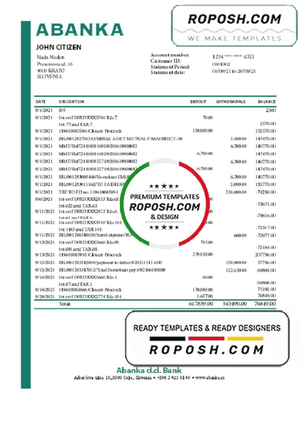 Slovenia Abanka d.d bank statement template in Excel and PDF format