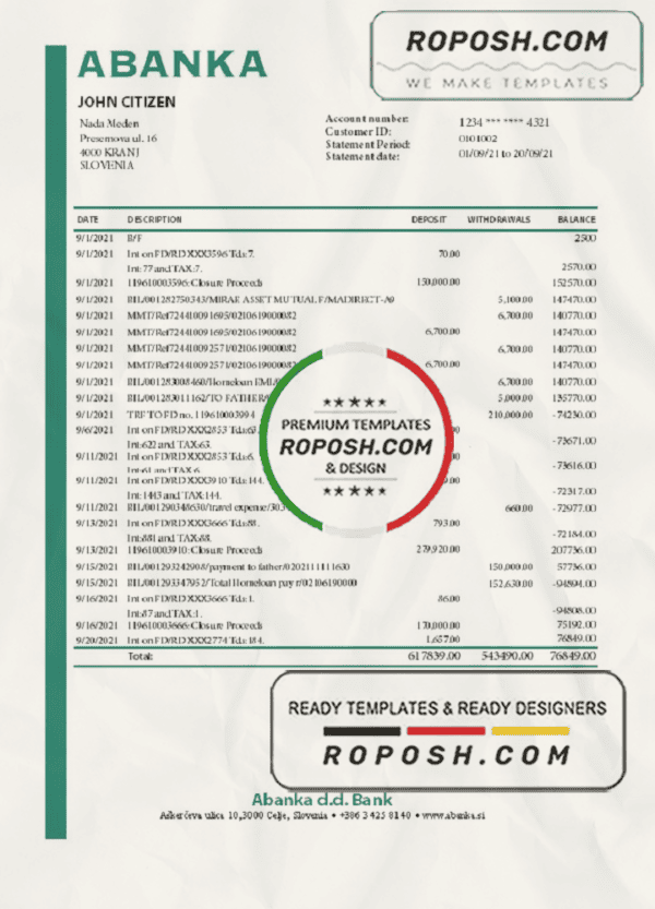 Slovenia Abanka d.d bank statement template in Excel and PDF format