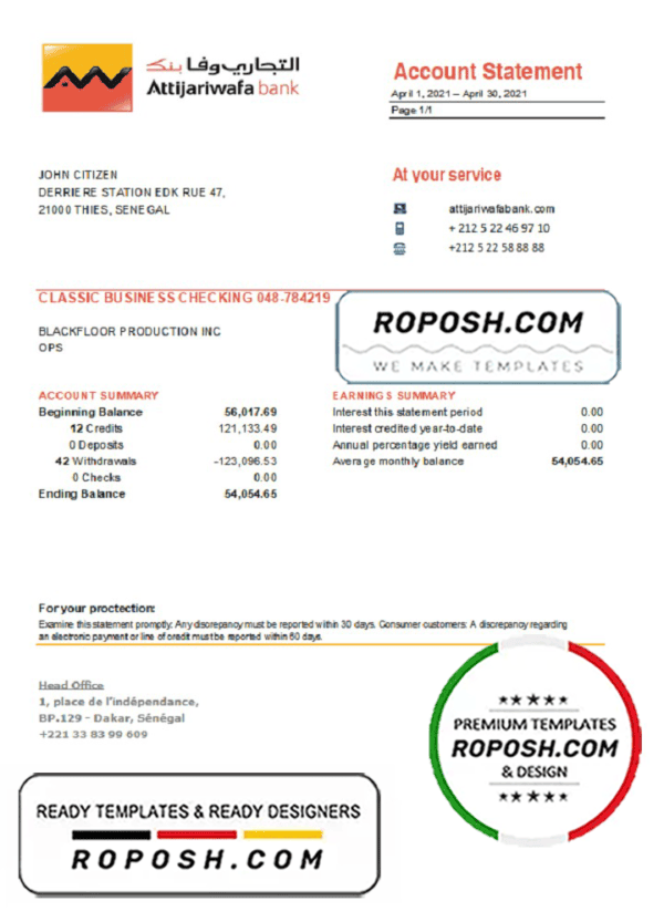 Senegal Attijariwafa Bank statement easy to fill template in Excel and PDF format
