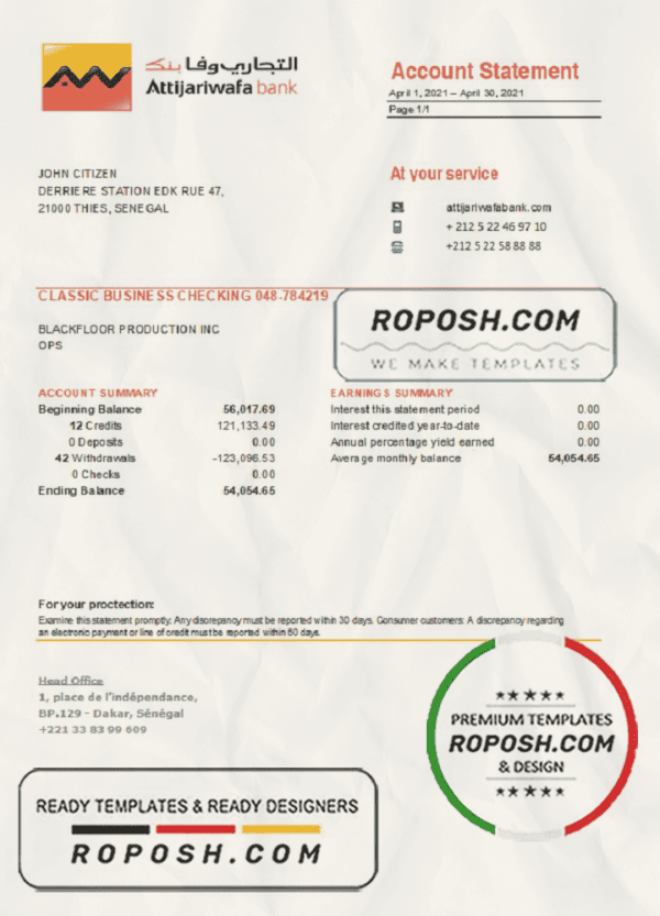 Senegal Attijariwafa Bank statement easy to fill template in Excel and PDF format
