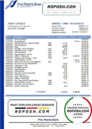 USA Nebraska Five Points Bank credit card statement template in Word and PDF format