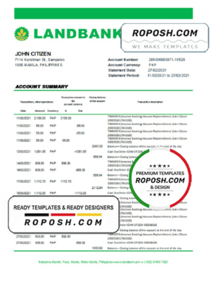 Philippines Land Bank of the Philippines bank statement easy to fill template in Excel and PDF format