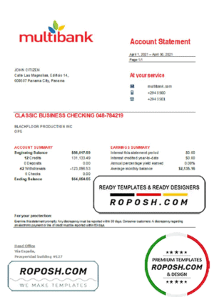 Panama Multibank bank statement easy to fill template in .xls and .pdf file format